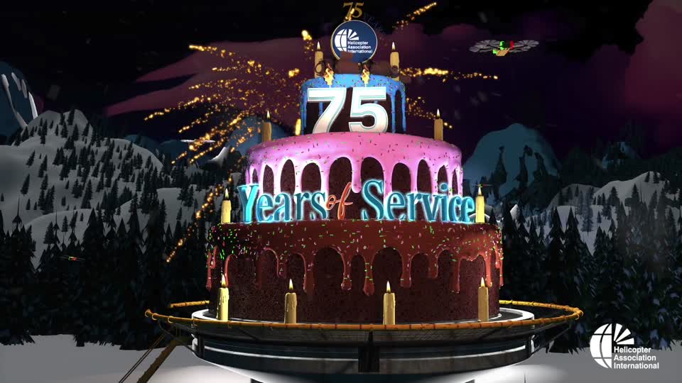 Miniature helicopters decorating a large anniversary cake on a helipad